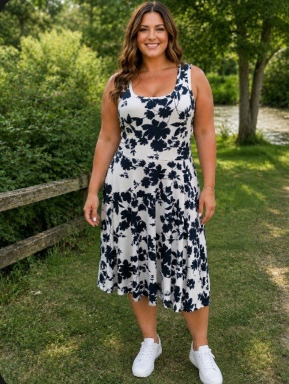 Fensace Black White Floral Sleeveless A Line Midi Dress Large Cottagecore Summer